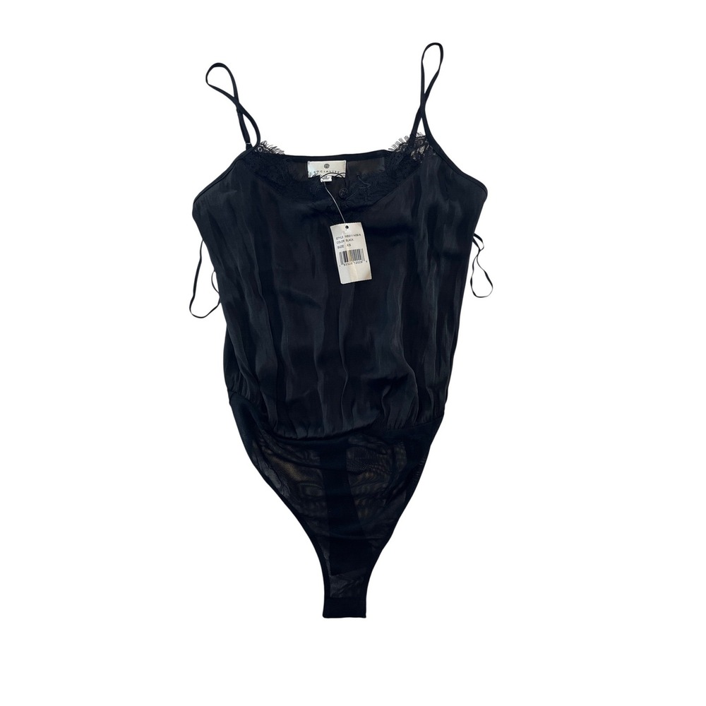 Socialite Black Lace Trim Bodysuit XS New-N Snap Crotch Mesh Thong Back